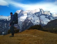 backpackers having himalayan view